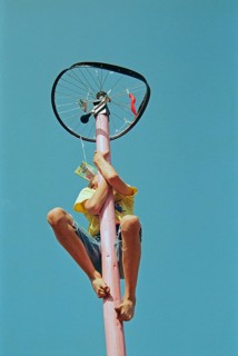 Boy climbs on maypole, barefoot, Heiligenthal, Lower Saxony, Germany, 20/06/1992, vintage, retro,