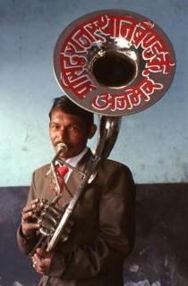 Musician, brass band, tuba, devanagari scripture, Rajasthan, India, Asia