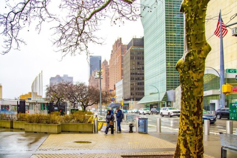 Forecourt and visitor entrance of the UN headquarters in New York