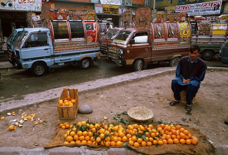 Street vendor, selling oranges, bus station, Pakistan, Asia