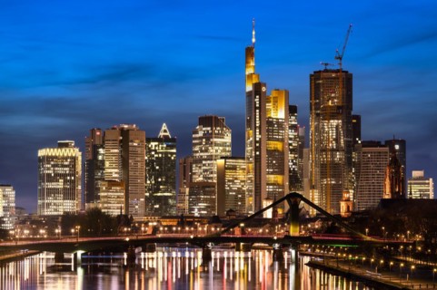 Twilight shot, skyline, banking district, financial district, Taunus Tower, Tower 185, Commerzbank,