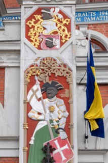 St Maurice at the entrance to the Blackheads' House, patron saint of the Brotherhood of Blackheads,