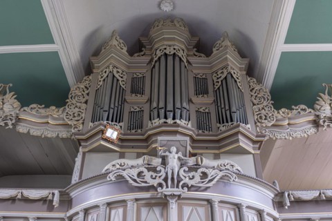 Organ prospectus in the Protestant Reformed Church from 1401 in Greetsiel, Krummhoern, East Frisia,