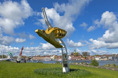 Figurehead of the training sailing ship Gorch Fock, viewpoint Schleibruecke, harbour, Kappeln,