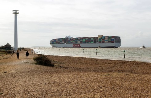 OOCL Zeebrugge container ship leaving departing from Port of Felixstowe, Suffolk, England, UK