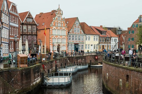 Half-timbered houses and restaurants in the old town, Buxtehude, Altes Land, Lower Saxony, Germany,
