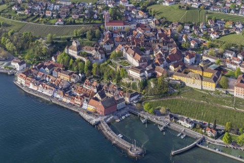 Zeppelin flight over Lake Constance, aerial view, Meersburg with castle, new castle, harbour and