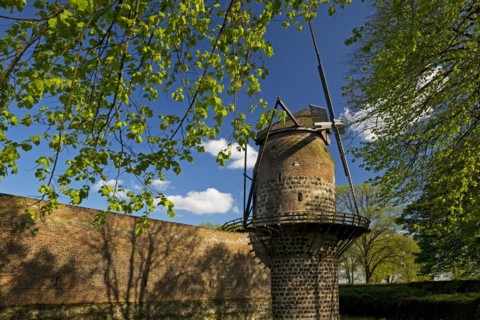 Town wall with mill tower of the historic windmill in Zons, Dormagen, Lower Rhine, North