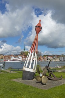 Buoy, propeller, anchor, viewpoint Schleibruecke, harbour, Kappeln, Schlei, Schleswig-Holstein,