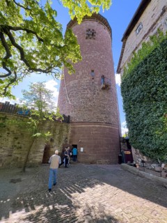 View from castle courtyard to left tower castle tower Rapunzel tower of Trendelburg Castle, right
