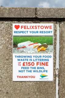 Anti littering information poster, East Suffolk Council, Felixstowe, Suffolk, England, UK