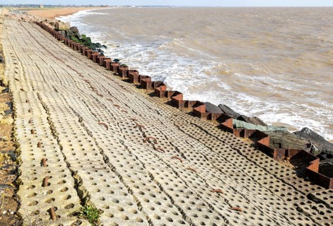 Coastal defences North Sea coast at East Lane, Bawdsey, Suffolk, England, UK sheet piling inclined
