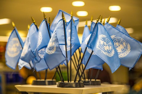 Flags in the visitor shop at the UN headquarters in New York