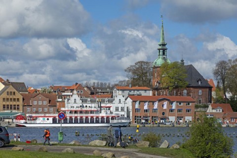 Viewpoint Schleibruecke, church, excursion ship Schlei Princess, harbour, Kappeln, Schlei,
