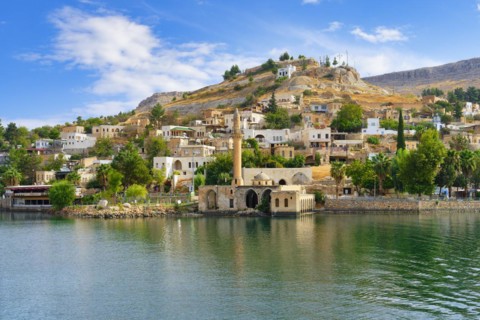 Partly submerged mosque of Eski Halfeti due to the construction of the Birecik dam on the Euphrates