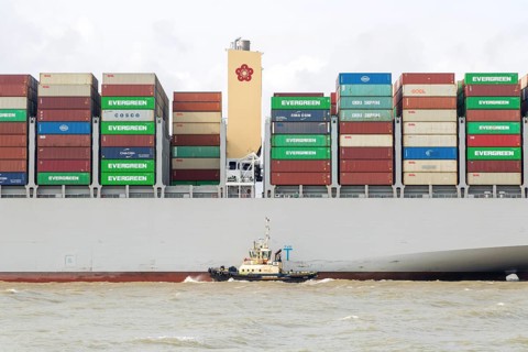 OOCL Zeebrugge container ship leaving departing from Port of Felixstowe, Suffolk, England, UK