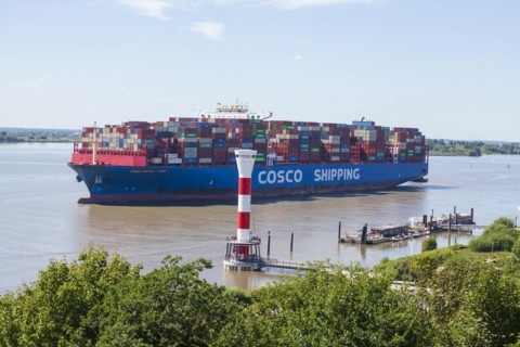 Cosco container ship and lighthouse on the Elbe, Blankenese district, Hamburg, Germany, Europe