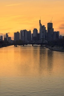 Twilight shot, skyline, banking district, financial district, Taunus Tower, Tower 185, Commerzbank,