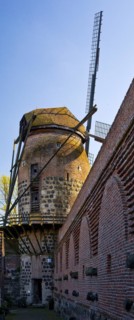 Town wall with mill tower of the historic windmill in Zons, Dormagen, Lower Rhine, North
