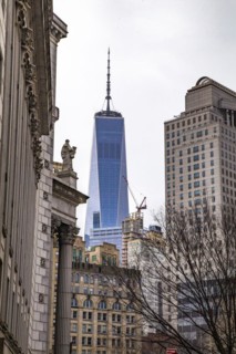 View from Thomas Paine Park to One World Trade Centre, Lower Manhattan, New York City