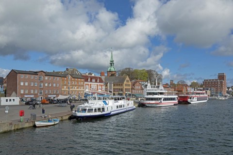 Church, building, excursion boats, clouds, harbour, Kappeln, Schlei, Schleswig-Holstein, Germany,