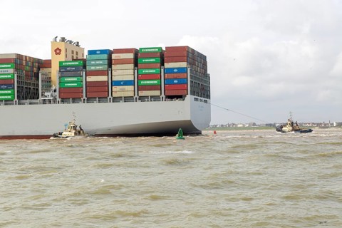 OOCL Zeebrugge container ship leaving departing from Port of Felixstowe, Suffolk, England, UK