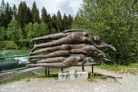 Bronze sculpture at the Illersprung, confluence of the Trettach, Breitach and Stillach rivers,