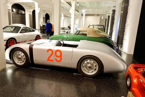 Retro racing car in white and green with the number 29 in a showroom, AUTOMUSEUM PROTOTYP, Hamburg,