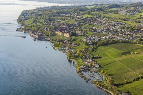 Zeppelin flight over Lake Constance, aerial view, Meersburg with castle, new castle, harbour and