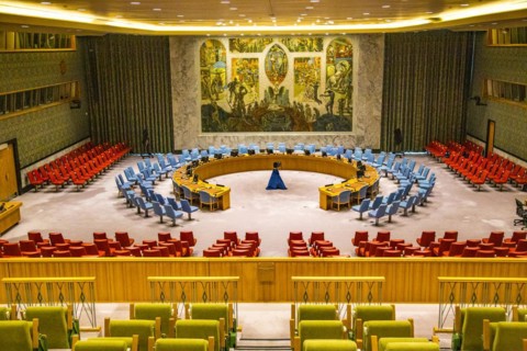 View from the visitors' gallery of the United Nations Security Council chamber at UN headquarters