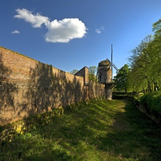 Town wall with mill tower of the historic windmill in Zons, Dormagen, Lower Rhine, North