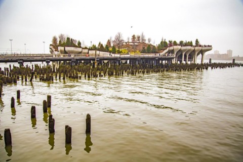 Little Island at Pier 55, an artificial island park in the Hudson River, Manhattan, New York City