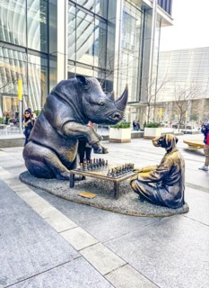 Outdoor art installation A Wild Life for Wildlife The Rhino & Dogman by artist duo Gillie and Marc,