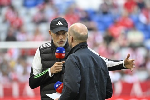 Coach Thomas Tuchel FC Bayern Munich FCB in an interview, microphone, mike, logo, with SKY
