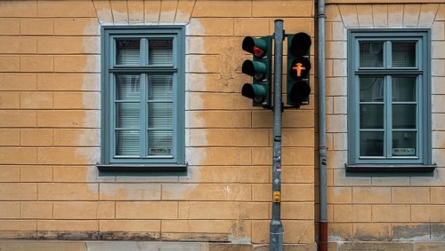 Traffic lights on a house facade, Thuringia, Germany, Europe