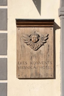 Lettering Ekes Konvent on a wooden sign, was a convent for impoverished widows and fallen girls in