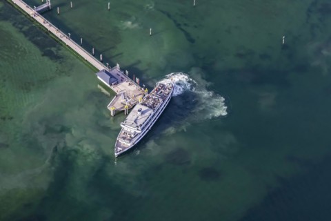 Landing stage with excursion boat SCHWABEN of the White Fleet, aerial view in spring with