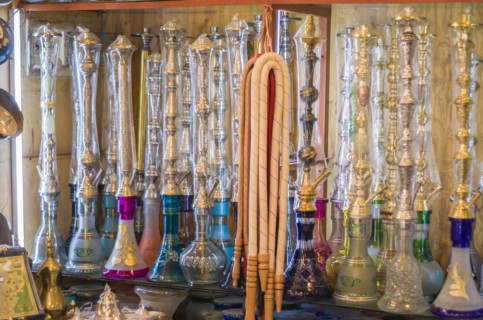 Tripoli, Lebanon, April 09, 2017: Shelf with traditional Arguiles (Narguile, Shisha, Chicha,