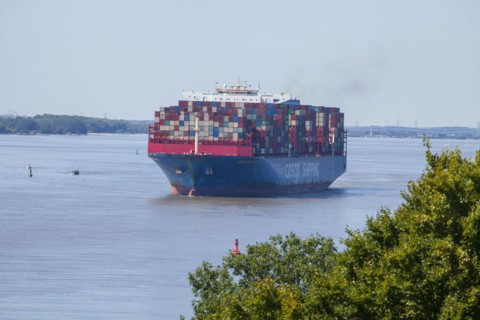 Cosco container ship on the Elbe, Blankenese district, Hamburg, Germany, Europe