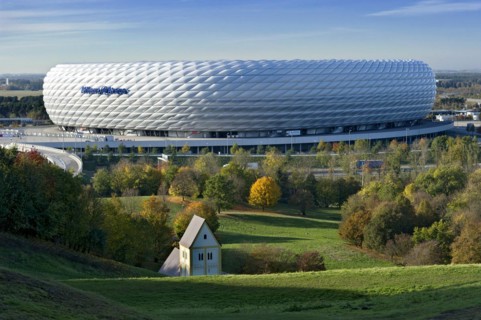Allianz Arena, football stadium of FC Bayern Munich, copy of the Romanesque pilgrimage church of