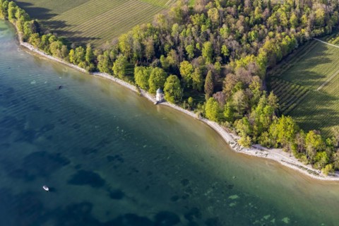 Flight in a zeppelin along the shore of Lake Constance, aerial view, Badehaus Schloss Kirchberg,