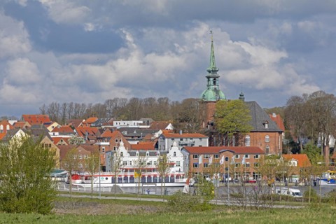 Church, excursion ship Schlei Princess, harbour, Kappeln, Schlei, Schleswig-Holstein, Germany,