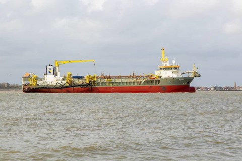 Medway ship Hopper Dredger vessel, approaching port of Harwich, River Orwell Stour estuary, Suffolk