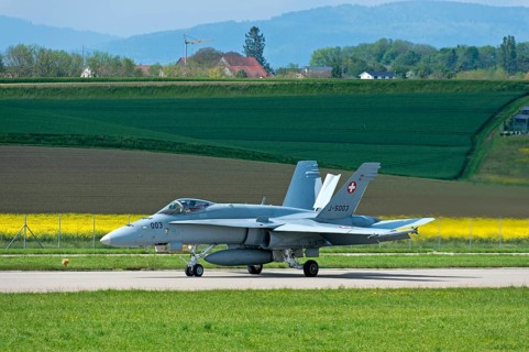 FA 18C Hornet multi-role fighter aircraft of the Swiss Air Force with air brake deployed during