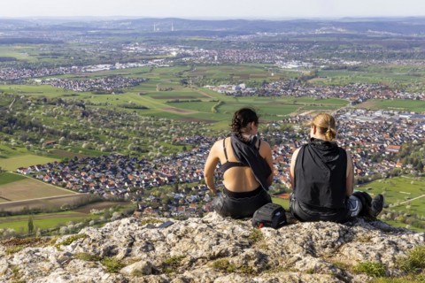 Breitenstein near Ochsenwang in spring, rocky outcrop of the Swabian Alb, 811 metre high rocky