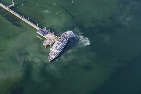 Landing stage with excursion boat SCHWABEN of the White Fleet, aerial view in spring with