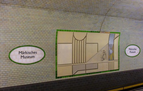 Interior photograph, wall mosaic, Maerkisches Museum underground station, Berlin, Germany, Europe