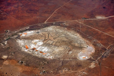 Aerial view, salt extraction, salt, salt garden, salt works, Karoo, North Cape, South Africa,