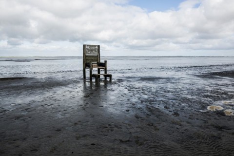 Sculpture on the beach and Wadden Sea, Throne, Artist Wilfried Gerdes, Dangast, Jade Bay, North