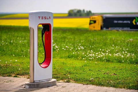 Truck, lorry, lorry drives past Tesla Supercharger in front of rapeseed field, logo, charging